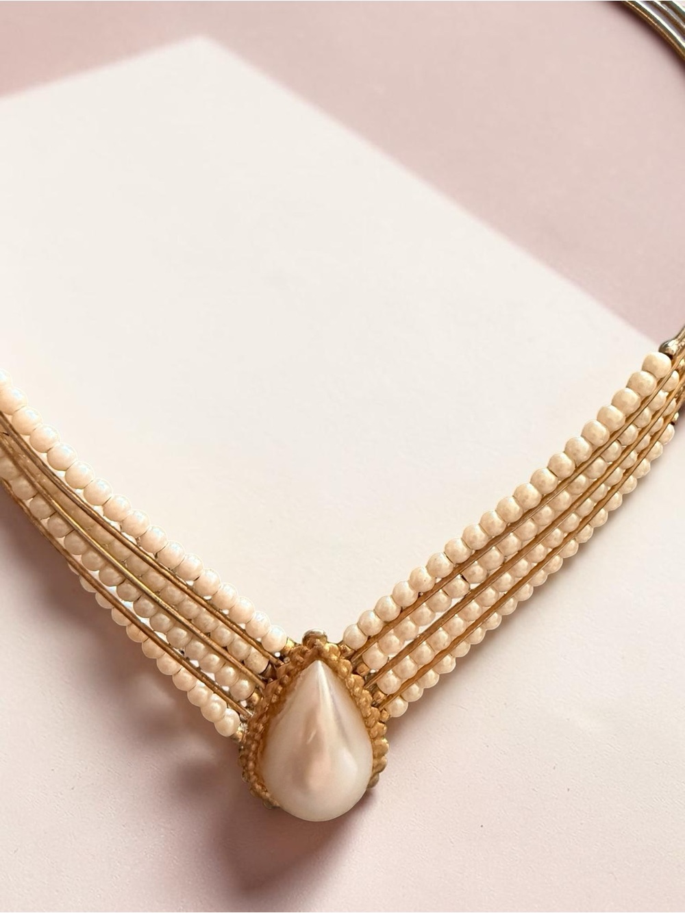 Vintage Gold Tone Multi-Strand Pearl Choker Necklace Statement Bib